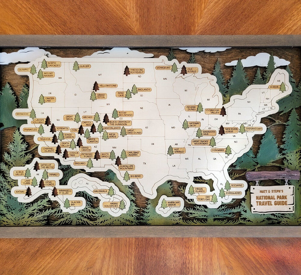 US National Parks Travel Map, National Parks Marker, US Travel Map, family road trip tracker, travel home decor, gift for hiker RG-GF11X18